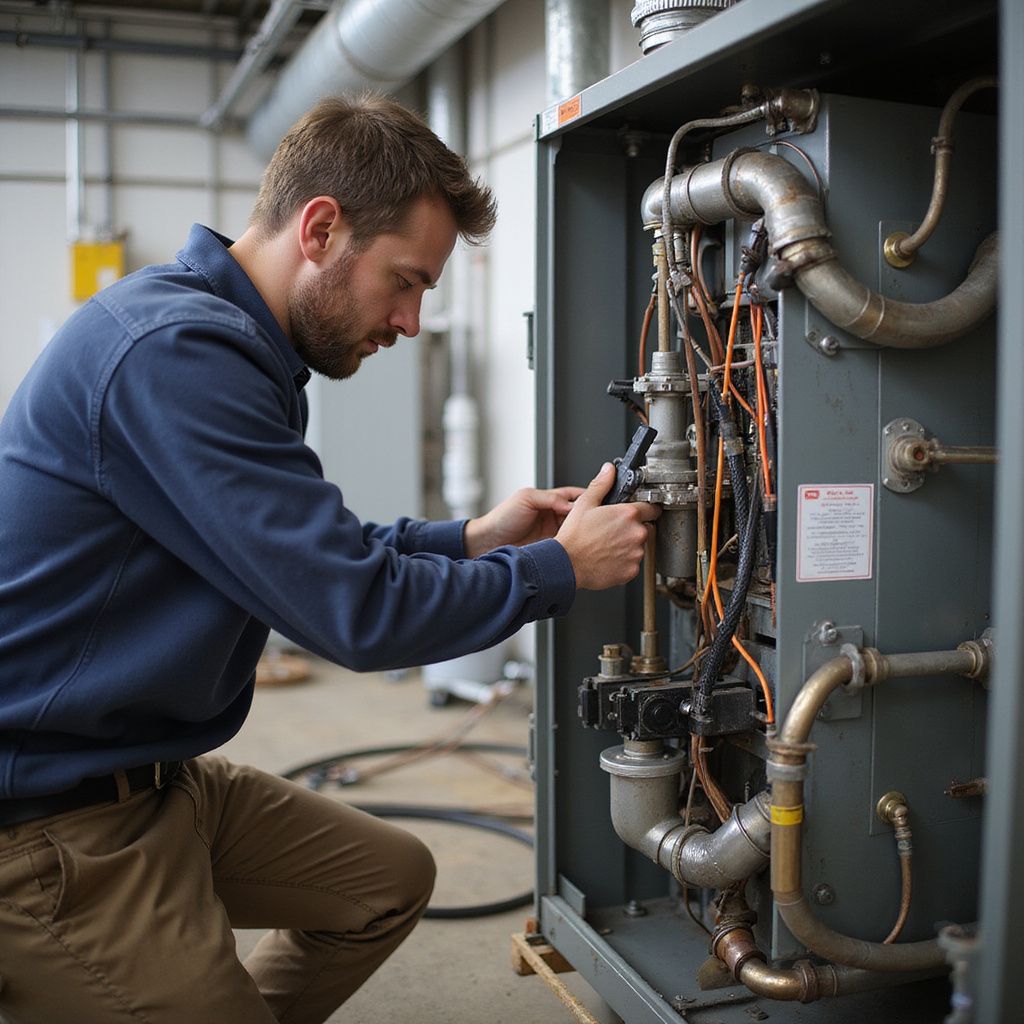 Technician kneeling, inspecting equipment, wearing blue shirt and khaki pants, inside.