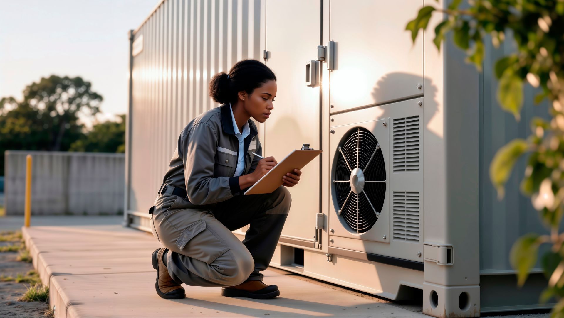 Woman in work clothes inspecting equipment, taking notes outdoors.