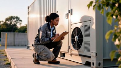 Woman in work clothes inspecting equipment, taking notes outdoors.