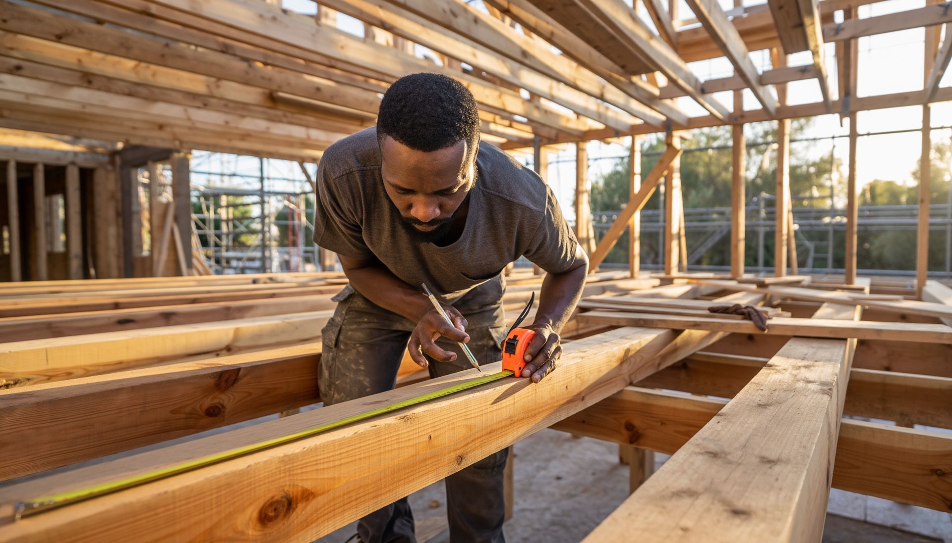 Construction worker measuring lumber at a building site.