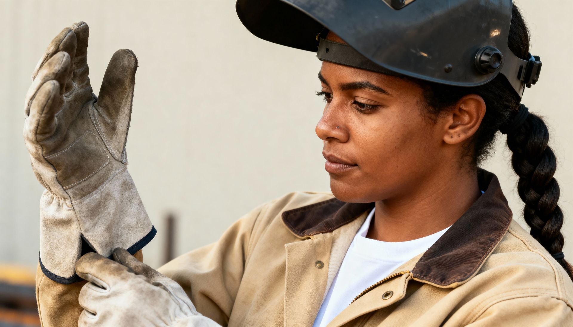 Woman welder adjusts gloves, wearing helmet and work jacket.