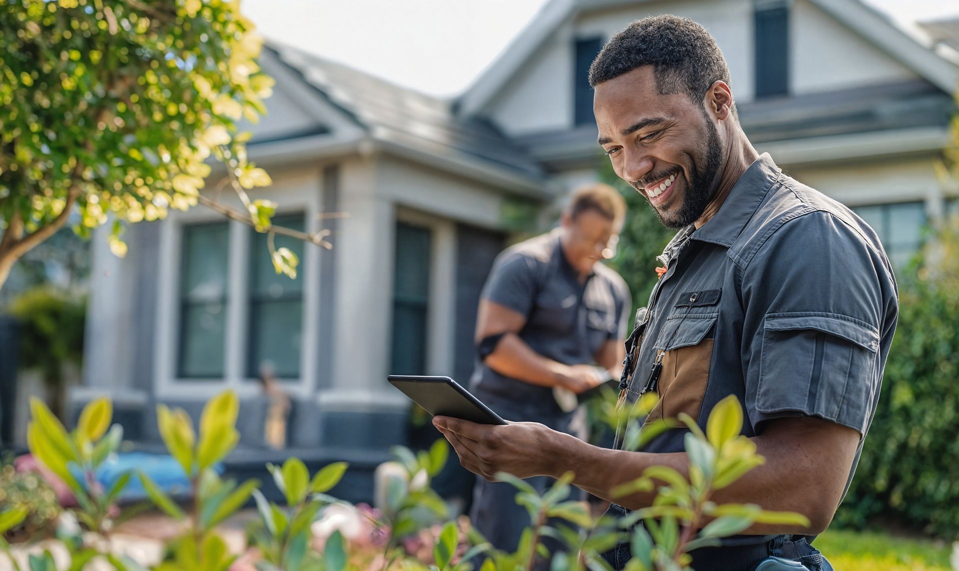 Man in uniform smiles, using a tablet outdoors, with a second person and a house in the background.