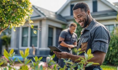 Man in uniform smiles, using a tablet outdoors, with a second person and a house in the background.