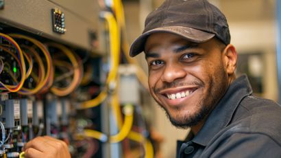 Electrician smiling while working on control panel with colorful wires.