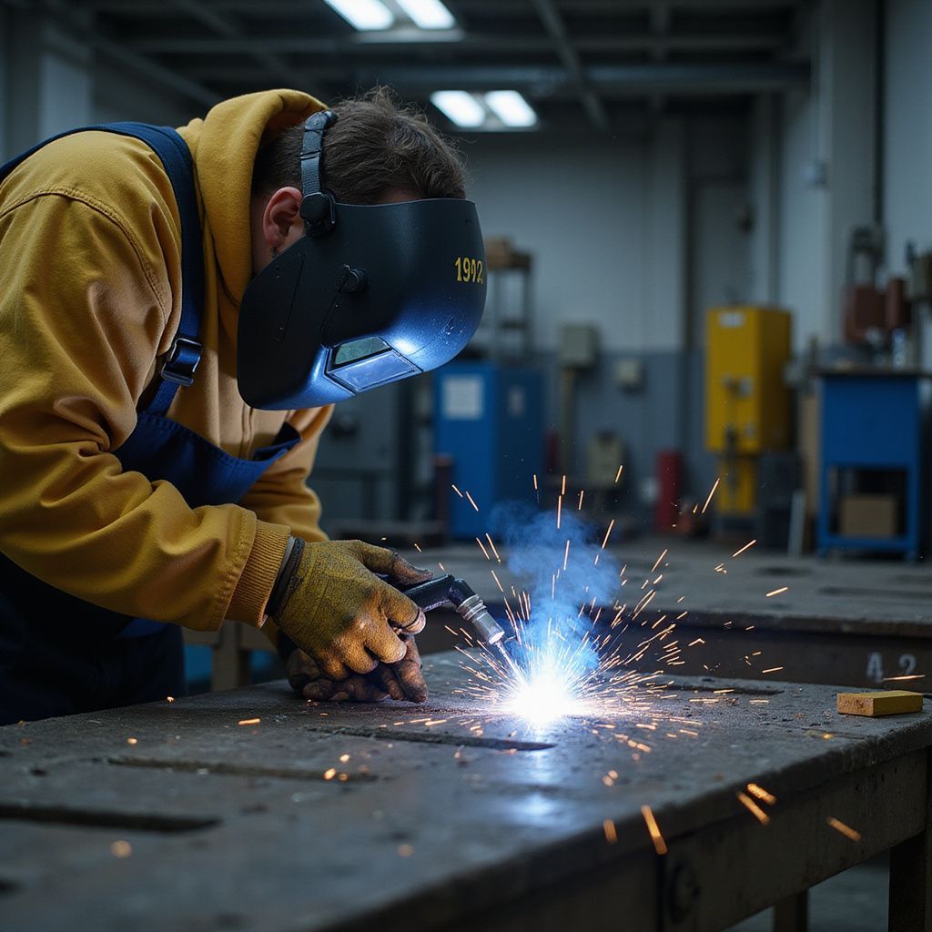 Welder wearing a mask, welding metal on a table; sparks fly.
