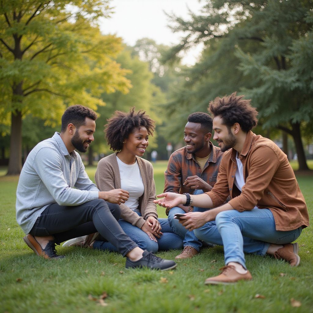 Four people sitting on grass, smiling and talking in a park.
