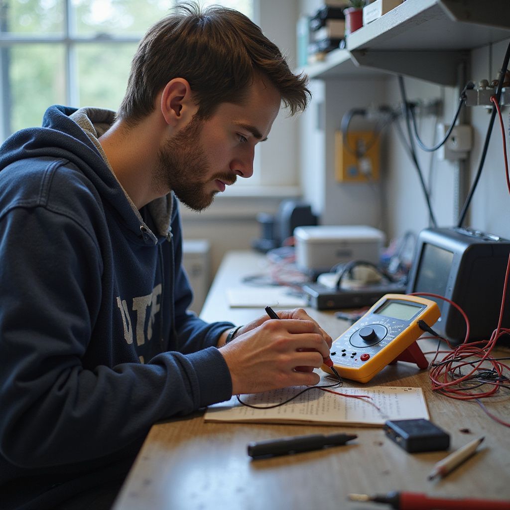 Man in a blue hoodie using a multimeter to test electronics at a lab bench.