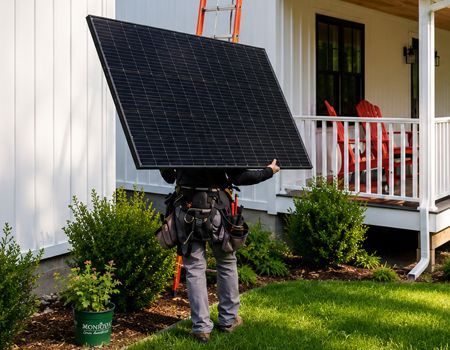 Worker carrying a large solar panel in front of a white house porch and lawn