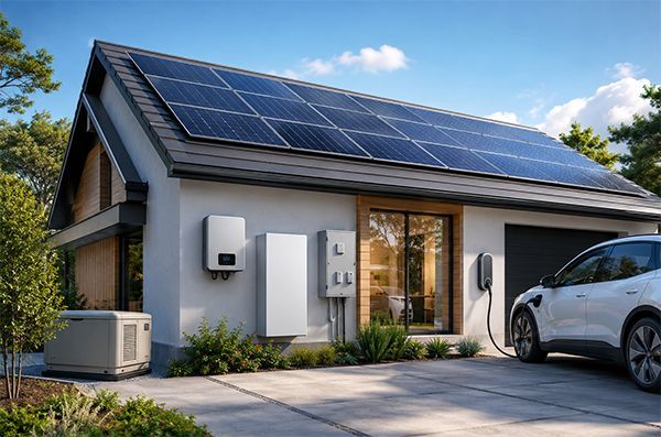 Modern house with solar panels, air-conditioning unit, and a parked car in the driveway