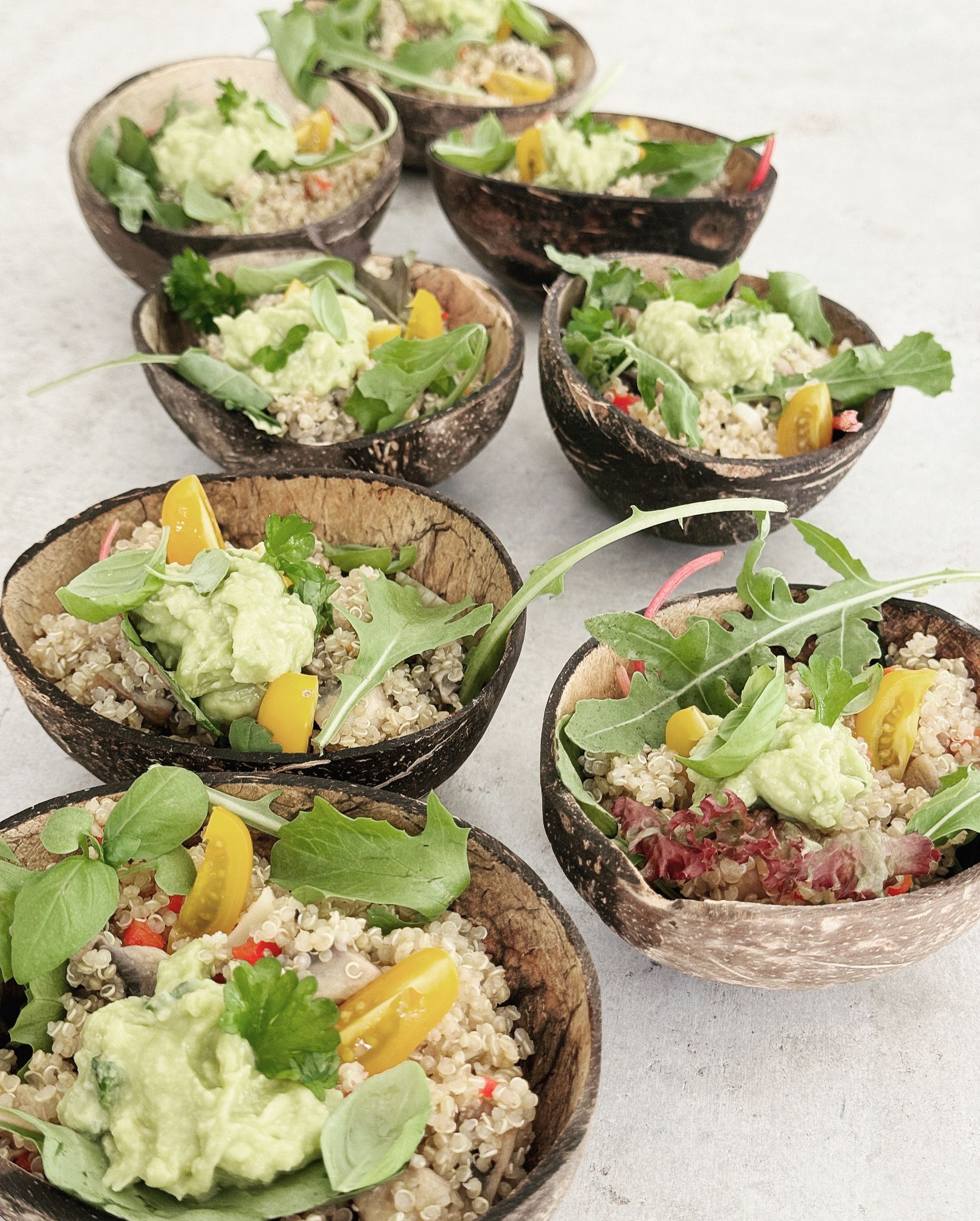 Kommetjes quinoasalade met avocado, bladgroenten en cherrytomaatjes in kokosnootschalen.