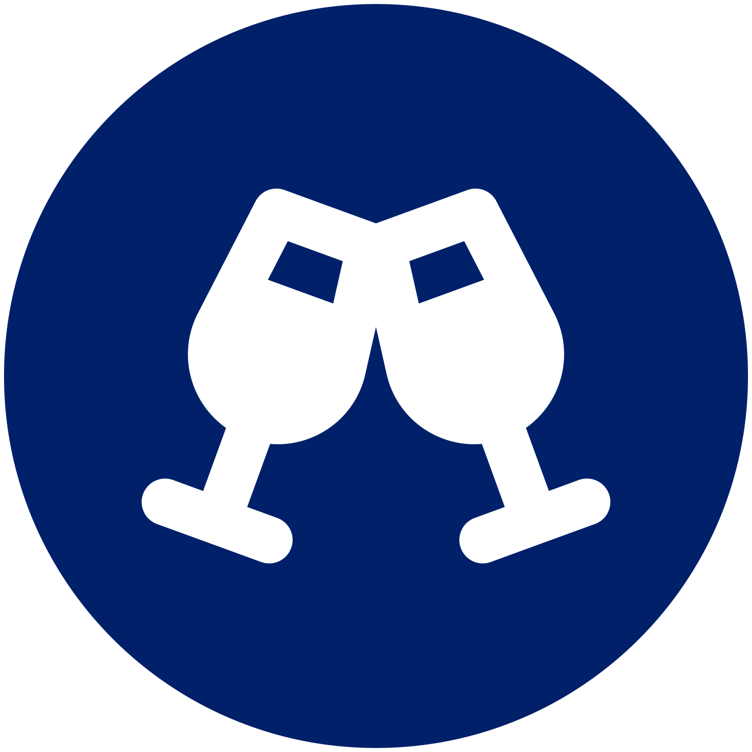 Two wine glasses are toasting in a blue circle.