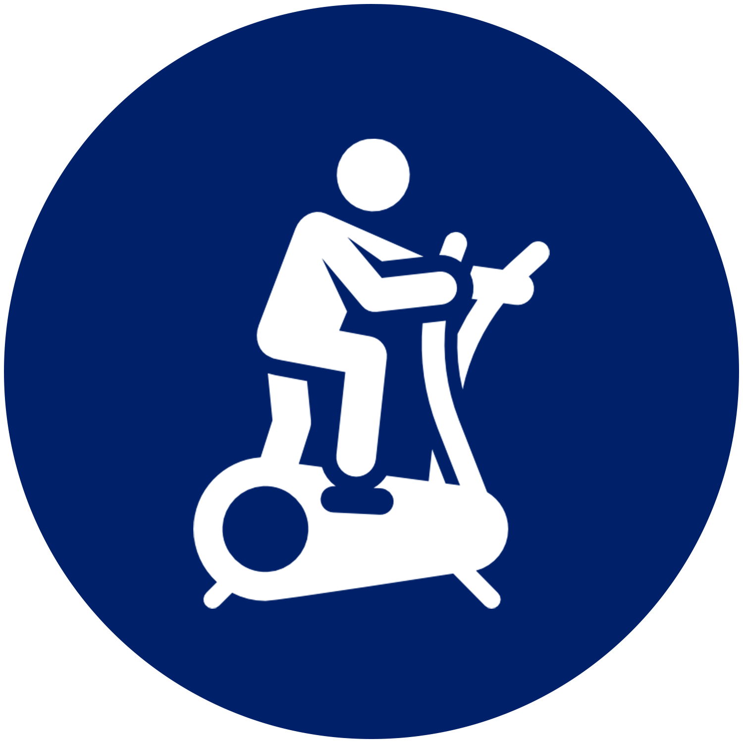 A person is riding an exercise bike in a blue circle.