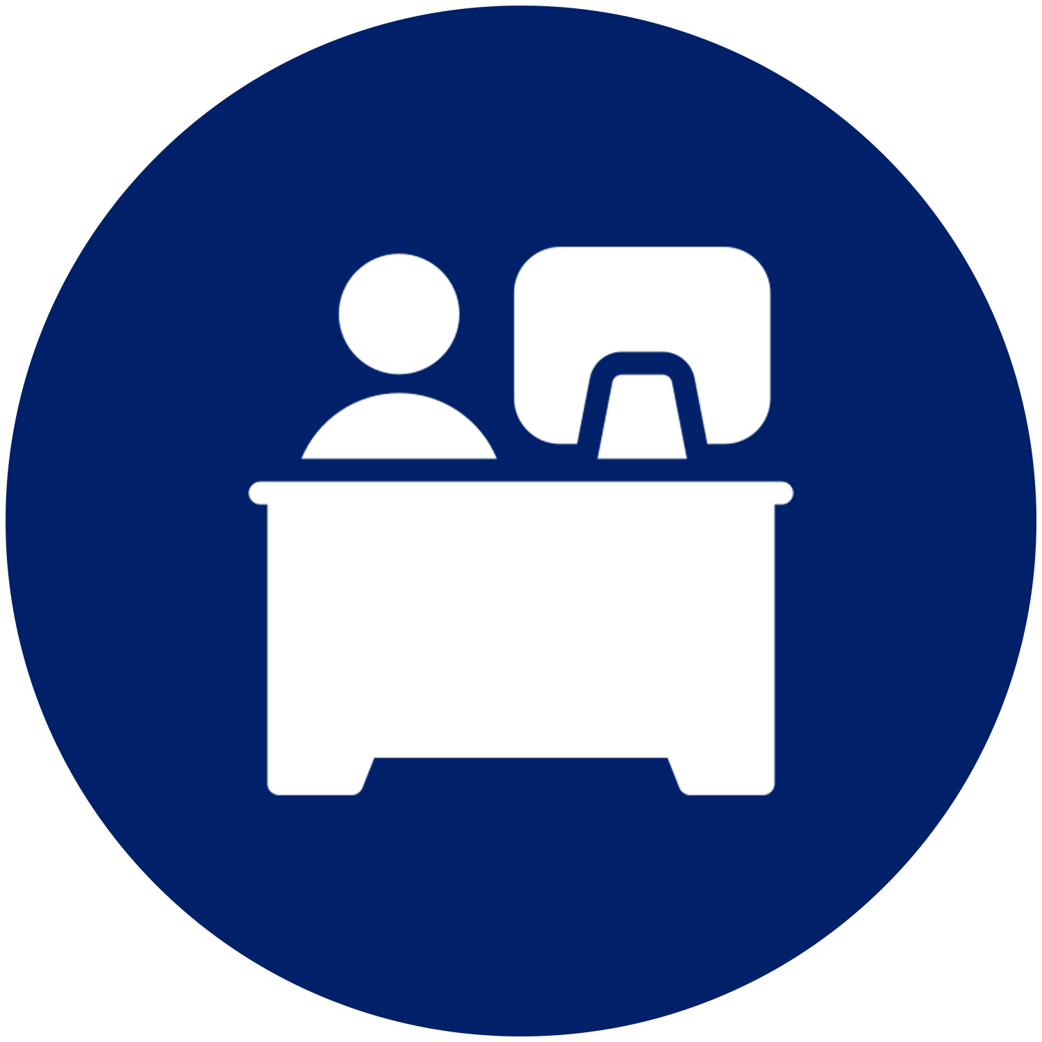 An icon of two people sitting at a desk with a computer.