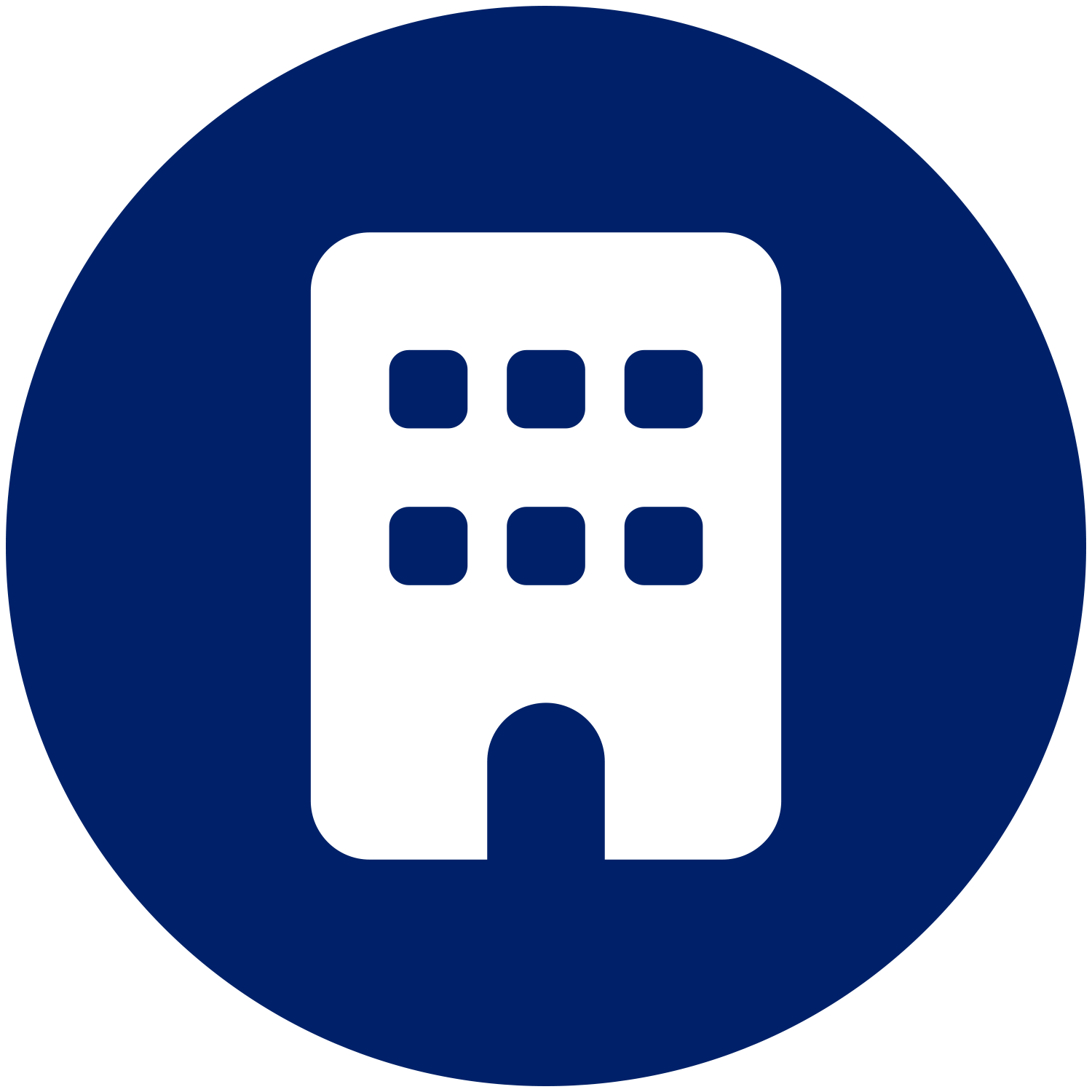A white building icon in a blue circle.