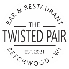 A black and white logo for a bar and restaurant called the twisted pair.