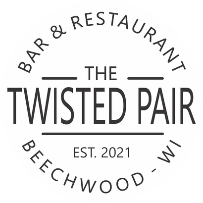 A black and white logo for a bar and restaurant called the twisted pair.