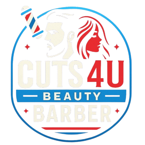 Logo for "Cuts 4U" with barber pole, male & female silhouettes, and text "Beauty Barber."