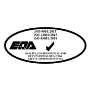 A logo for a quality , environmental and occupational health and safety approved system.
