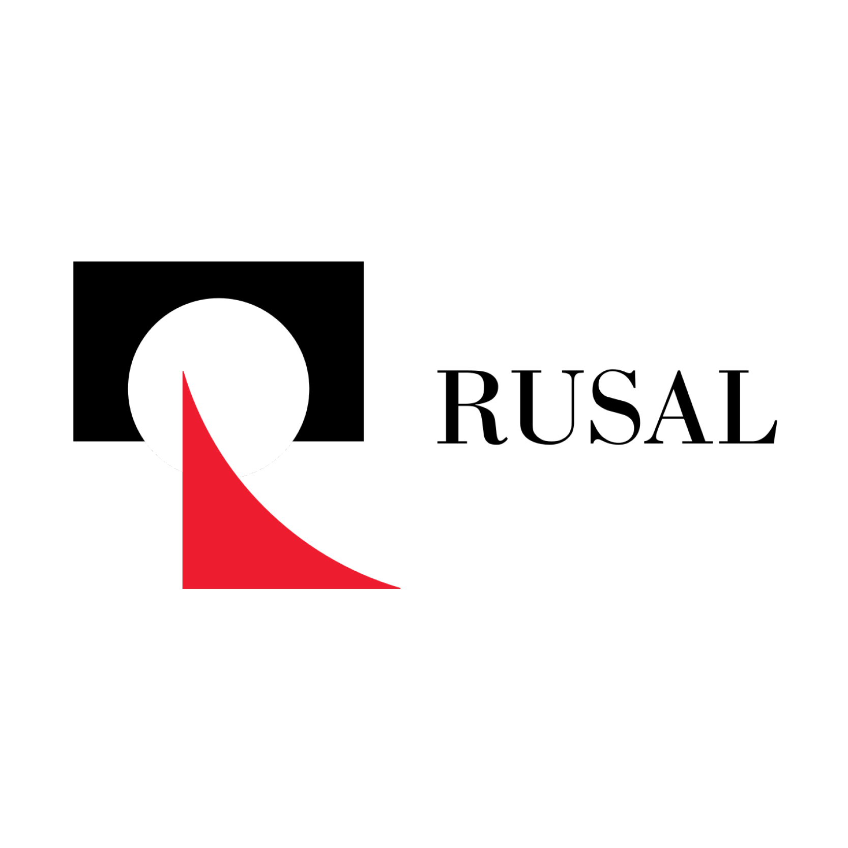 A black and red logo for rusal with a red arrow