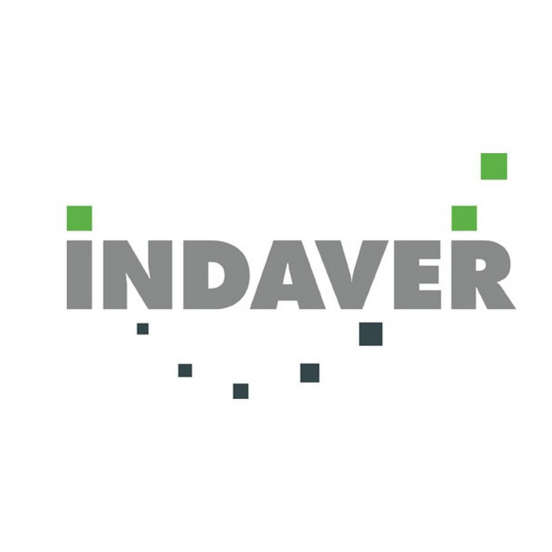 The logo for indaver is a gray and green logo with green squares.