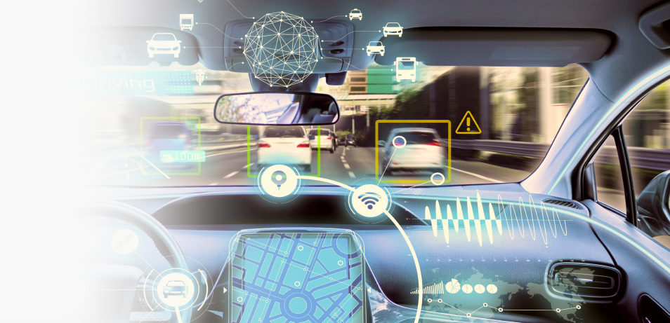 A self-driving car interior displaying data overlays, with a road ahead and surrounding vehicles. | Maverick Collision
