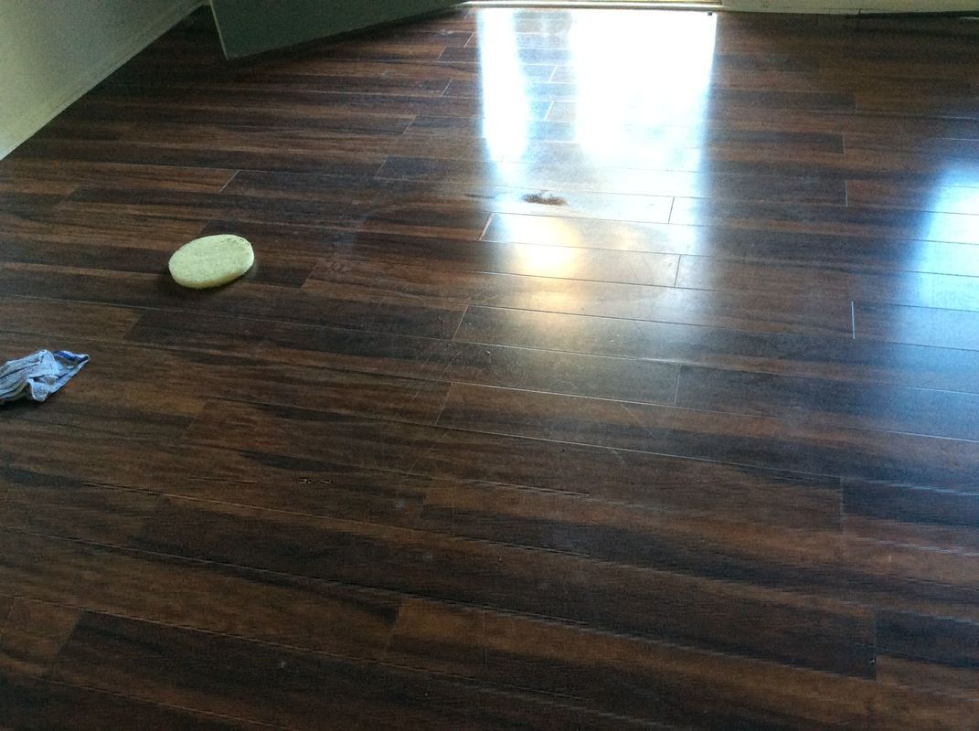 A sponge is laying on a wooden floor in a room.