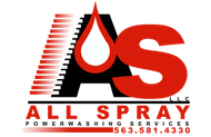 Logo for "All Spray Powerwashing Services" with red and black letters, and water droplet.