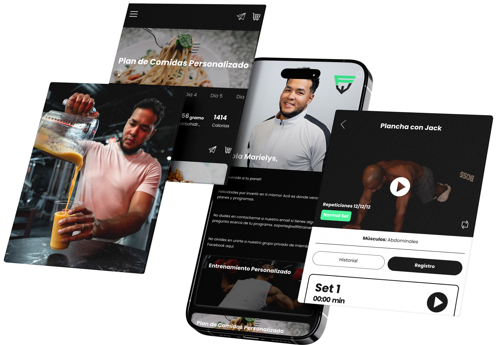 Mobile phone showing app with cooking and fitness content. A man is displayed on different screens. WilFit