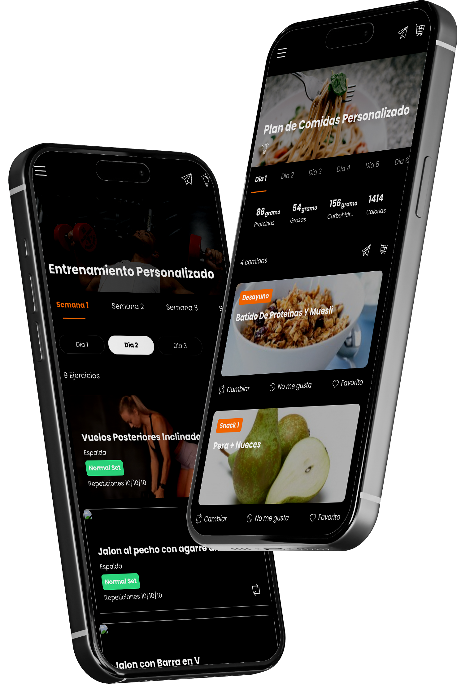 Two smartphones displaying food app interface, angled, black devices with white screens. WilFit