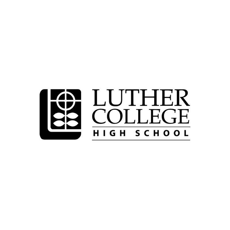 The logo for luther college high school is black and white.