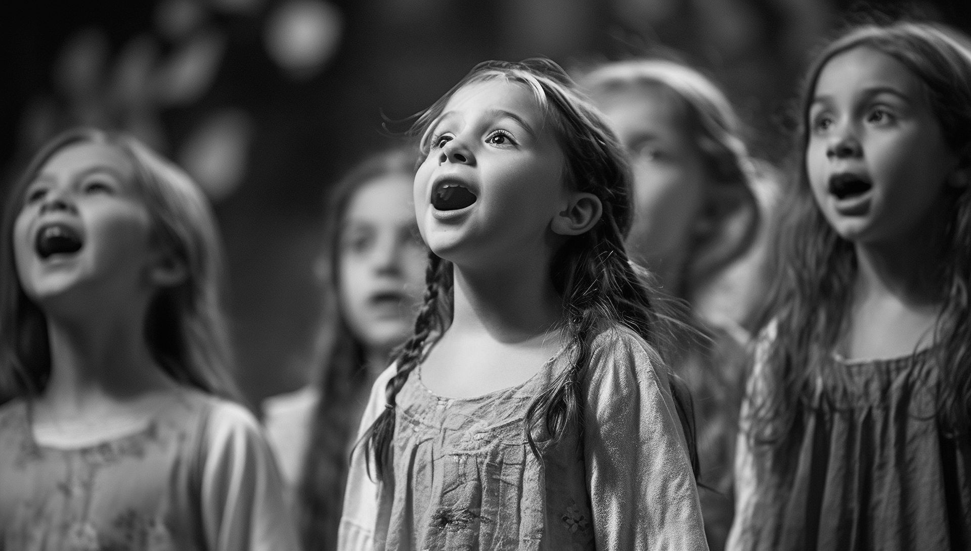 A group of young girls are singing together in a black and white photo.