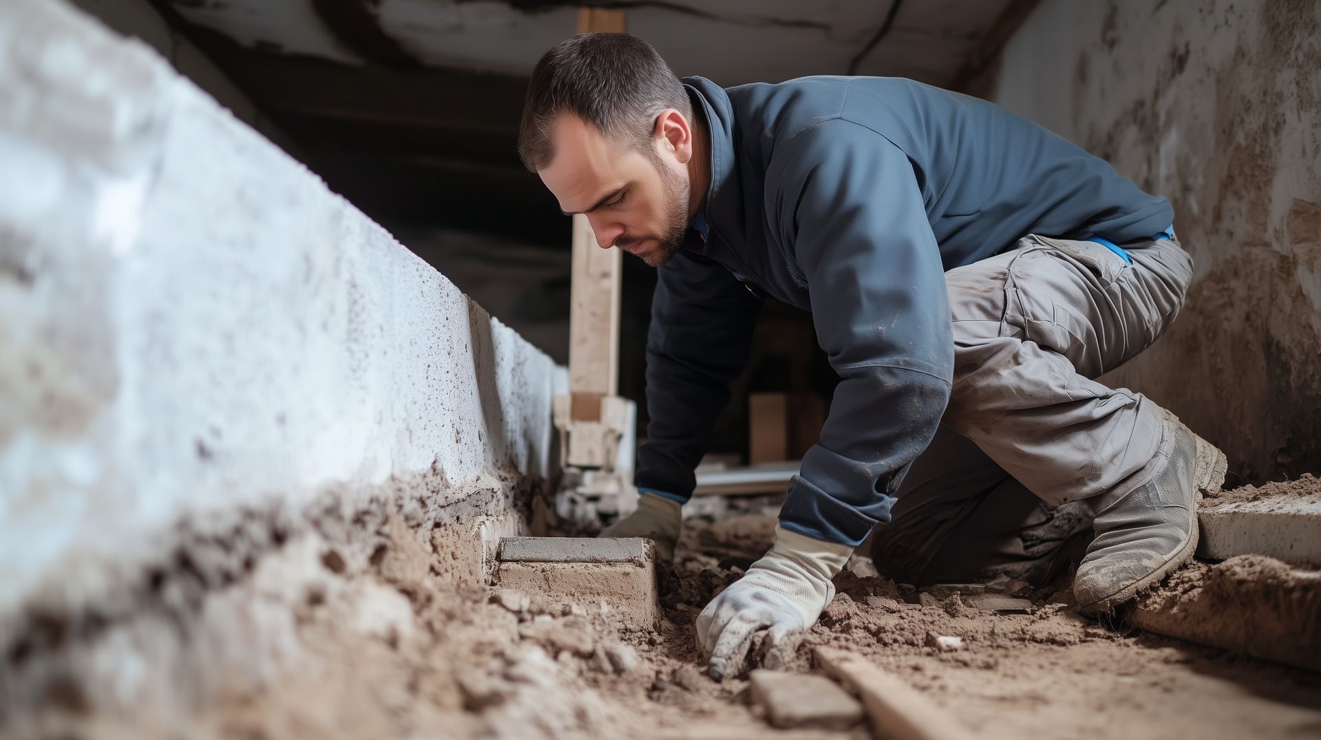Man working on basement floor as a foundation repair contractor for home stability.