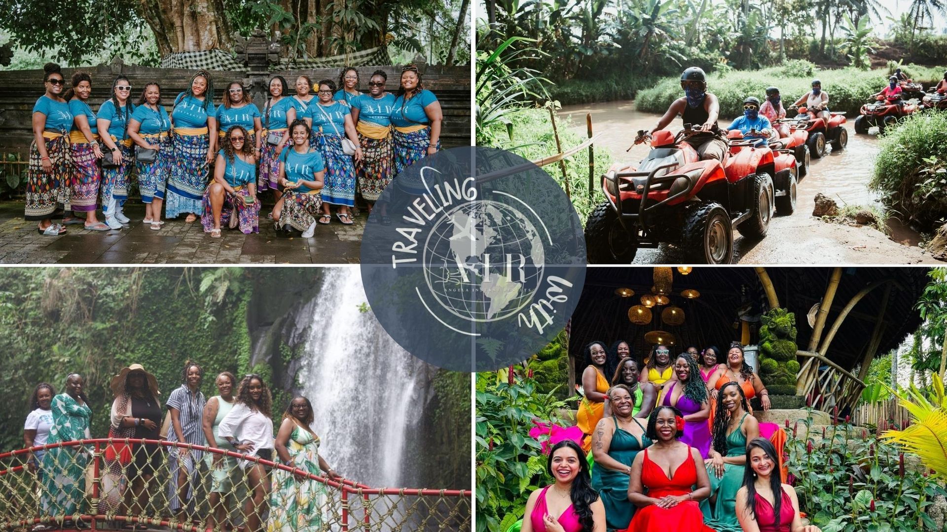 Four photos of women in Fiji: group poses by a waterfall, in matching outfits, riding ATVs, and posing amongst lush greenery.