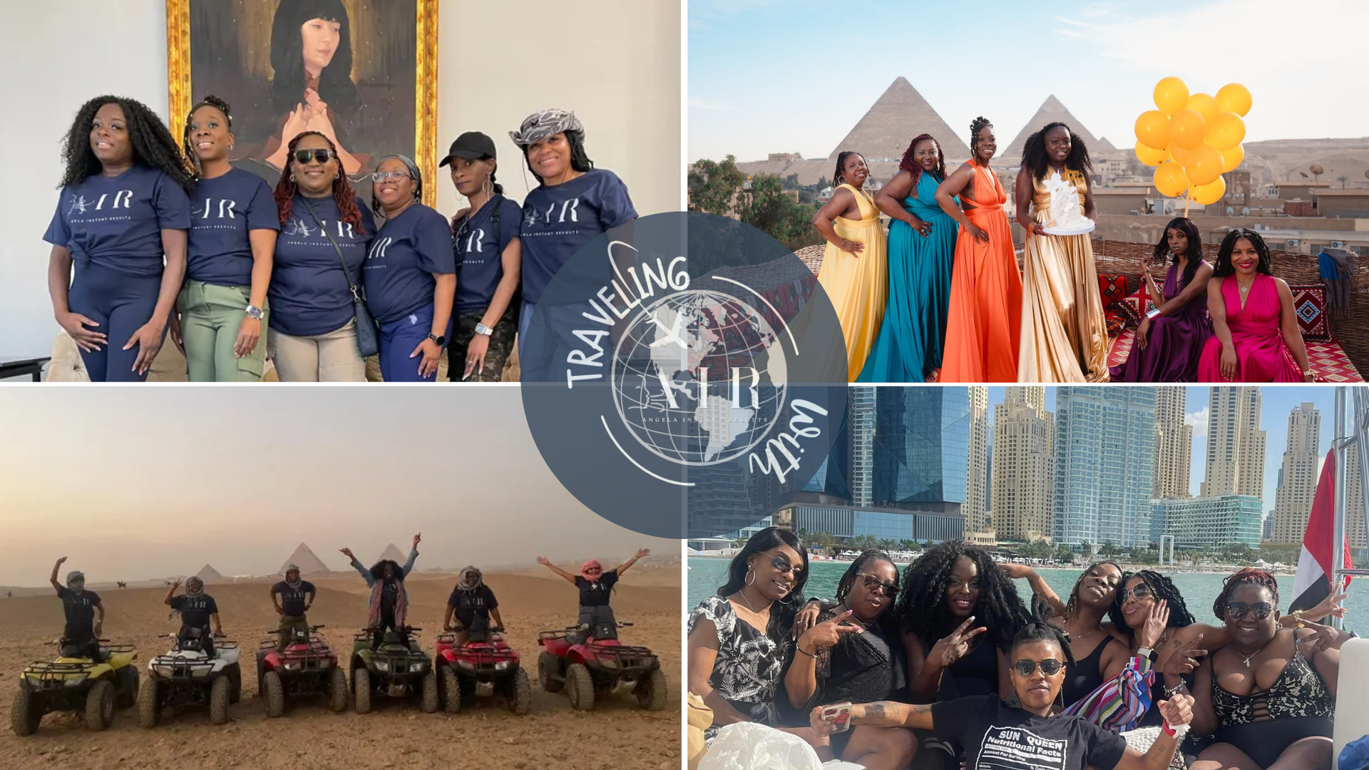 A group of women are standing next to each other in a collage of photos.