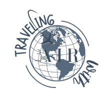 A logo for a travel company with a globe in the center.