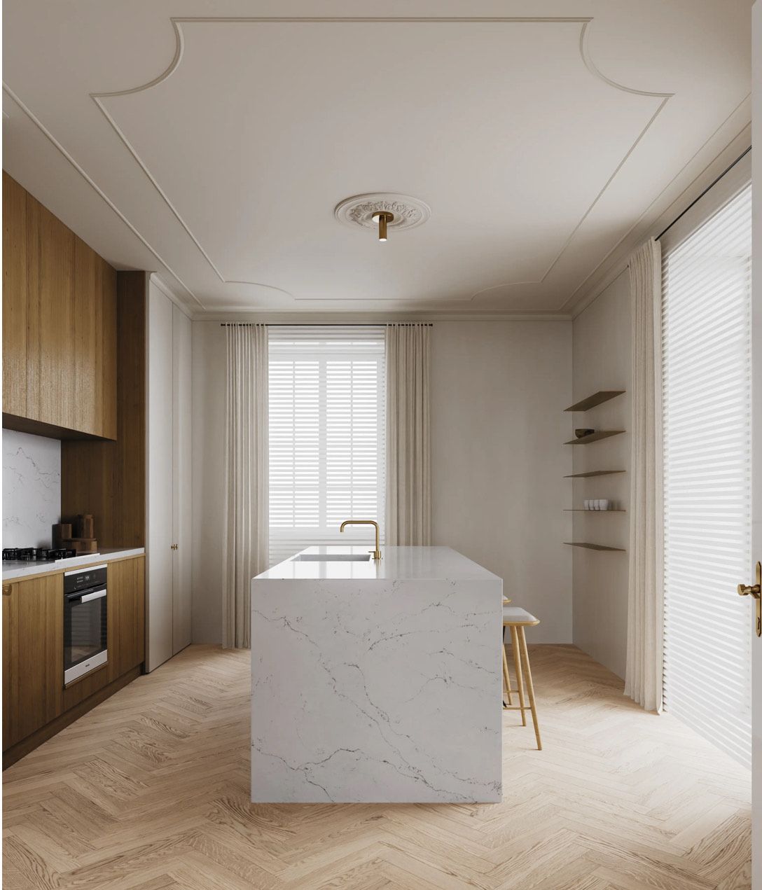 Modern kitchen with marble island, wood cabinets, and parquet flooring.