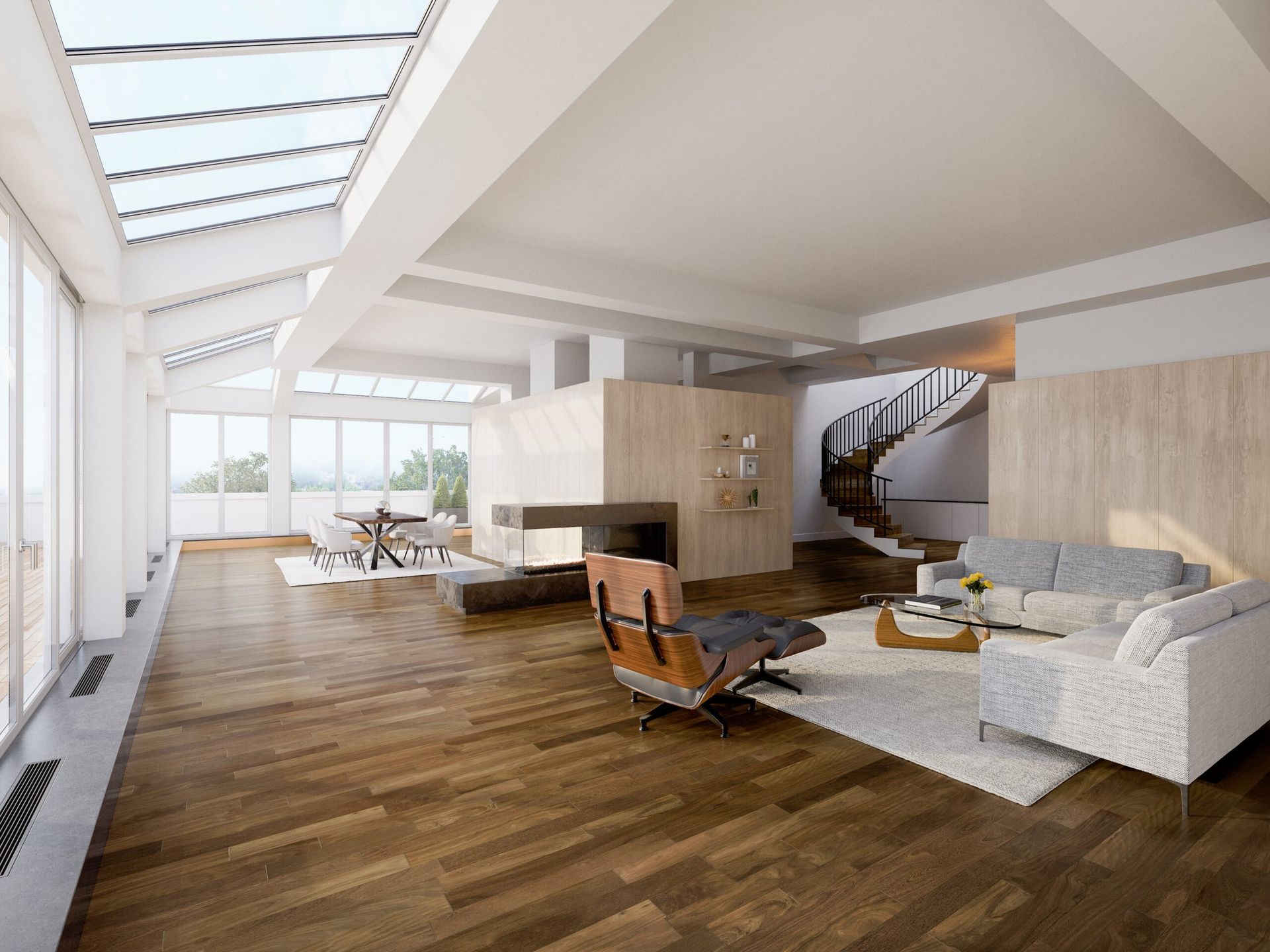 Spacieux salon moderne avec parquet, puits de lumière et escalier en colimaçon. Il comprend une cheminée, des sièges confortables et un coin repas.