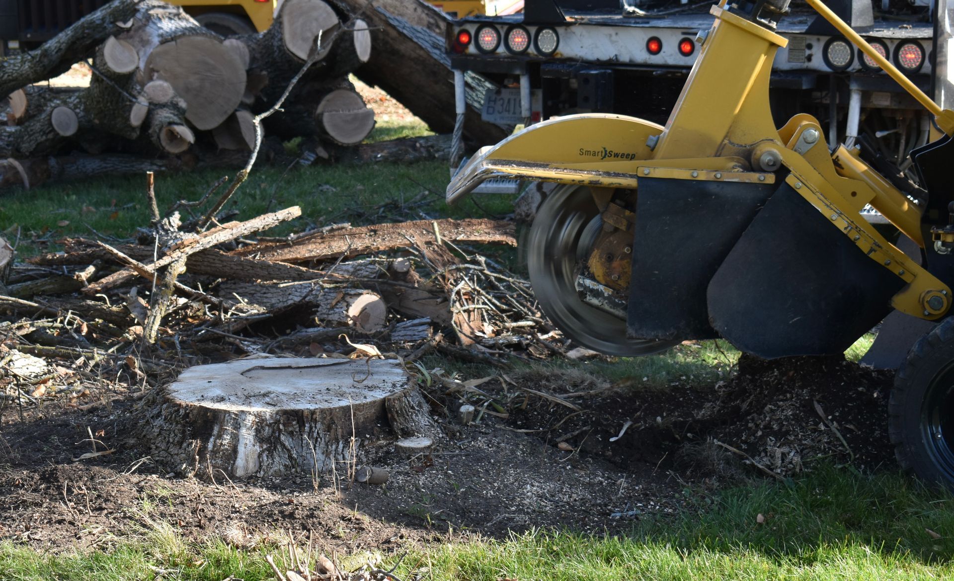 A tree stump is being removed by a stump grinder machine.