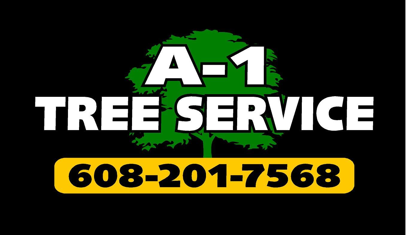 A logo for a tree service with a tree and a phone number.