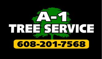 A logo for a tree service with a tree and a phone number.