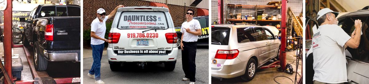 Four snapshots of individuals in a garage, by vehicles. Two men at white SUV, another at a silver van. Truck on a lift.