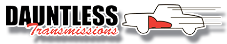 Dauntless Transmissions logo with a white truck graphic, red accents, and motion lines.