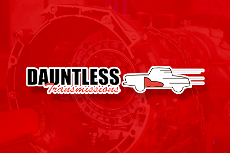 Dauntless Transmissions logo with red background, a car graphic and text.