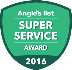 A green shield with the words `` angie 's list super service award '' written on it.