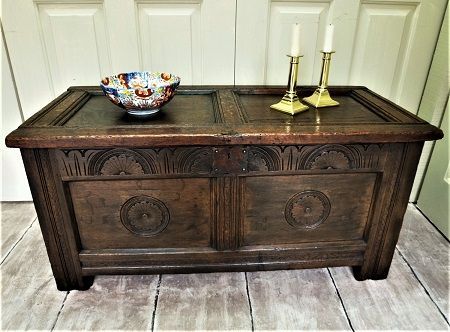 relief carved Coffer country oak furniture the antiques source steeple ashton Wiltshire BA14 6HH