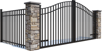 A metal gate with a stone pillar surrounding it on a white background.