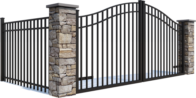 A metal gate with a stone pillar surrounding it on a white background.