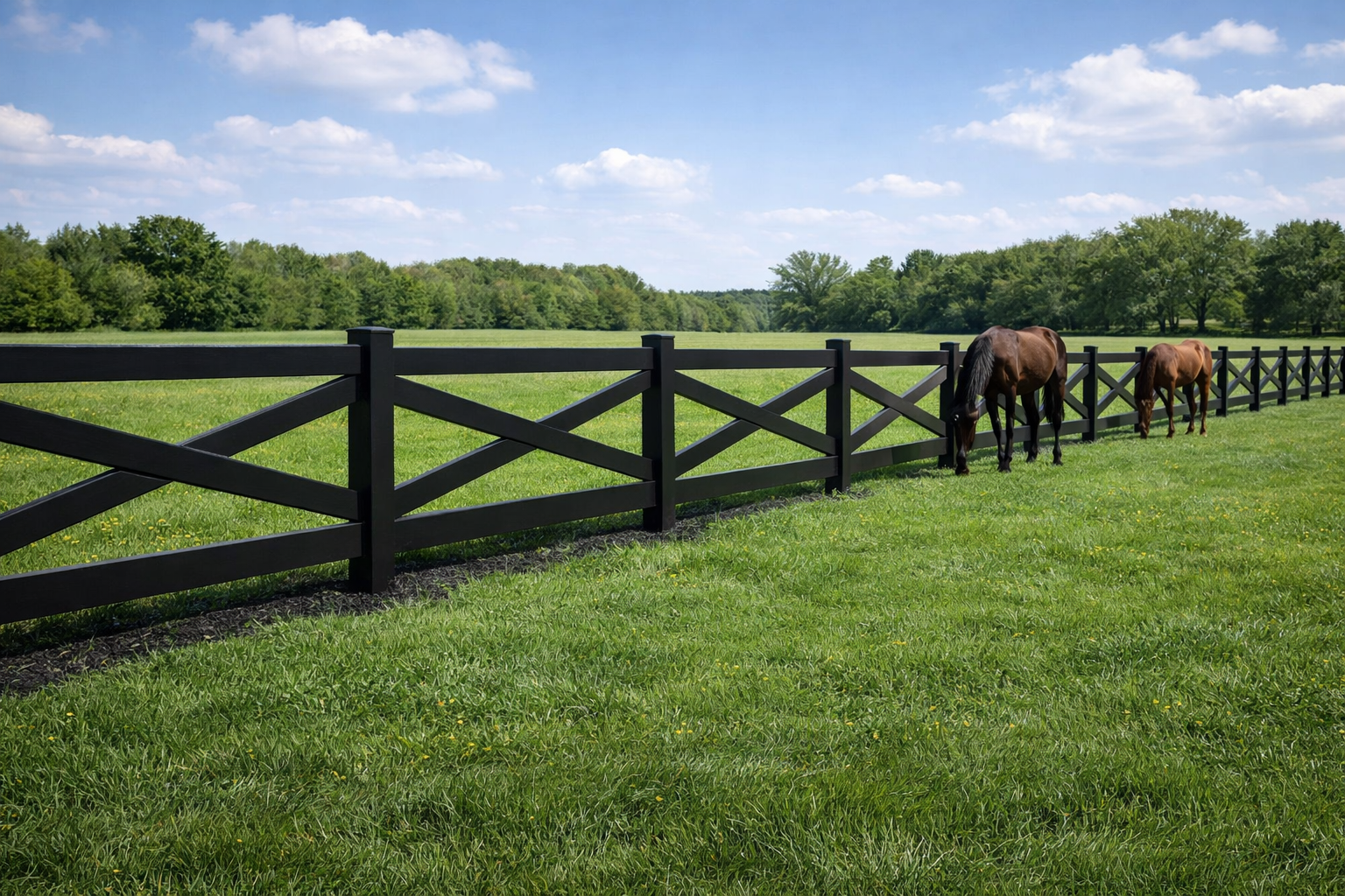 Two brown horses graze in a lush green pasture enclosed by a black wooden X-pattern fence under a partly cloudy sky.