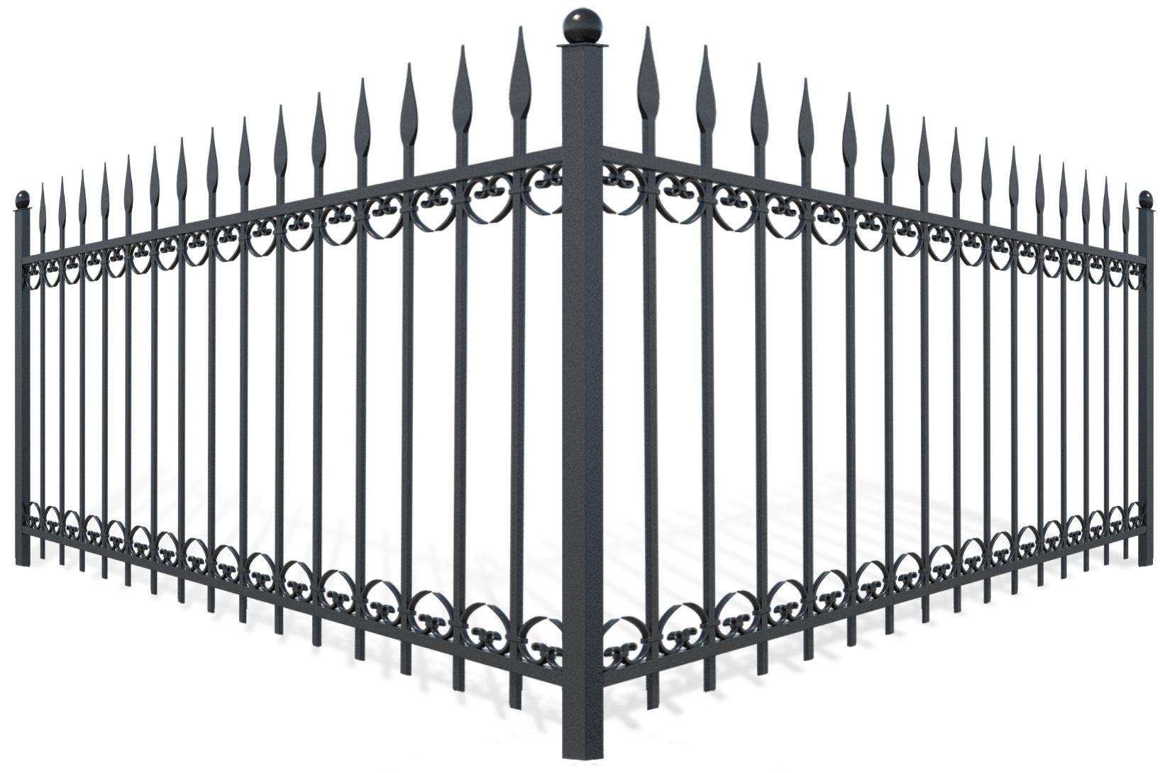 A black wrought iron fence with spikes on a white background.
