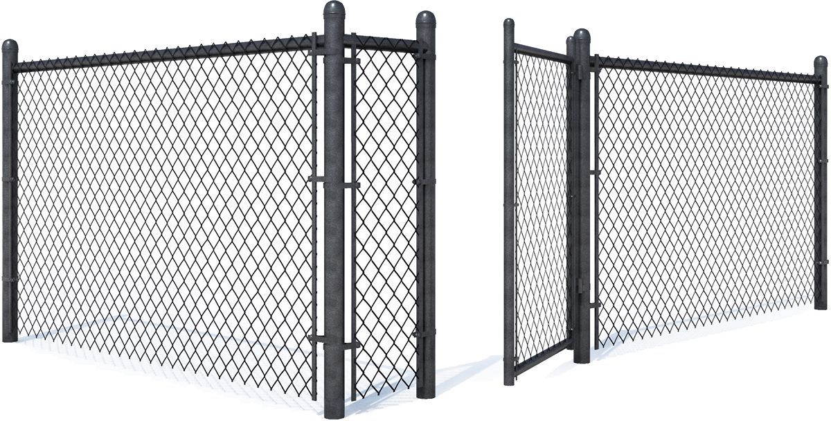 A chain link fence with two gates open on a white background.